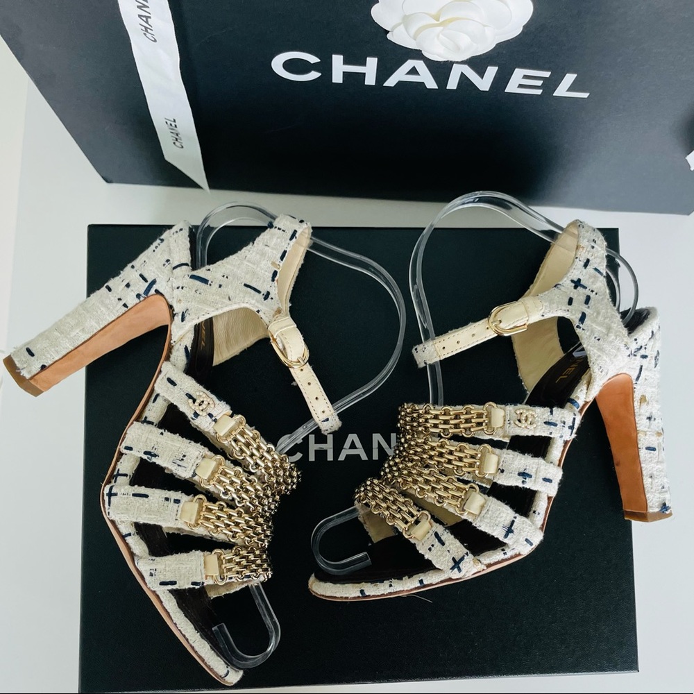 COPY - Chanel cc logos tweed gold chain strappy sandals size 38.5 - Picture 6 of 14